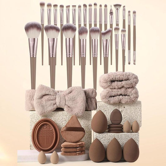 Cosmetic Tool Kit, 25 Makeup Brushes & 8 Beauty Sponges & 4 Triangle Puff & 4 Finger Powder Puff & 1 Makeup Headband & 2 Wristband & 1 Brush Cleaning Bowl