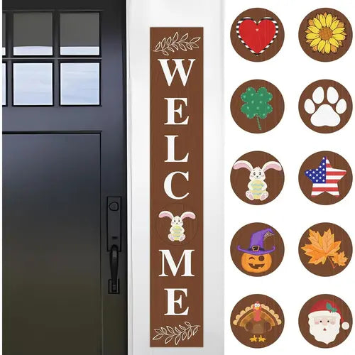 Welcome Sign for Front Door, Wood Outdoor Welcome Sign for Front Porch Standing with 10 Interchangeable Holiday Icons for Front Porch Decor Front Door Decorations, 47" x 7.9", Brown