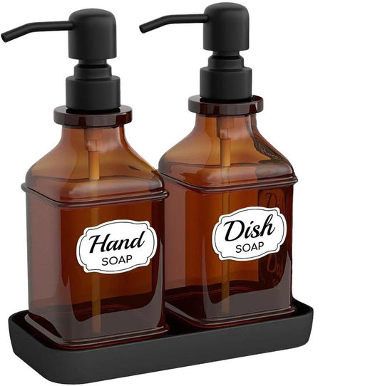 2 Pack of Antique Design Thick Glass Hand Soap Dispensers with Sturdy Tray - Brushed-black