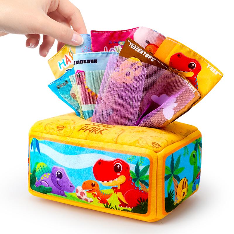 1count Baby Tissue Box - Montessori Infant Toys 5 Months Baby Tissue Box Learning Toy, Infant And Toddler Educational Toys With 3 Rattle Cloths And 10 Saran Wraps