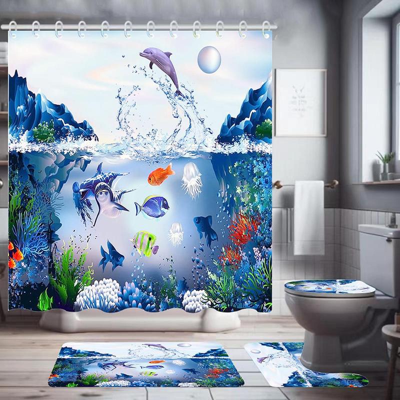 Underwater World Pattern Bathroom Shower Set, 4 Counts/set Including 1 Bathroom Curtain, 1 U-shaped Contour Toilet Mat, 1 Bath Mat, 1 Toilet Lid Seat Cover