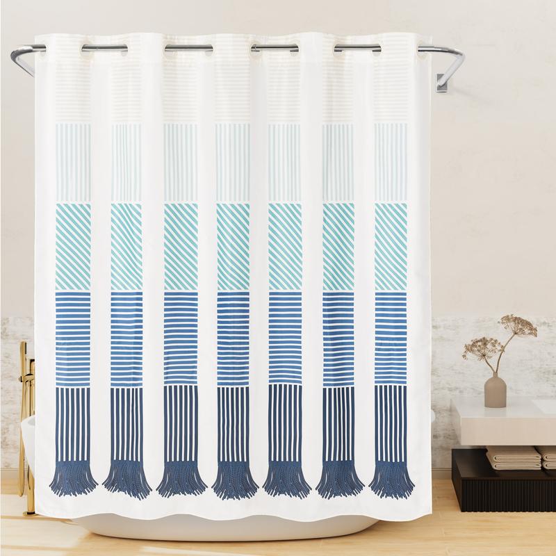 Boho Shower Curtain for Bathroom with Stripe,Farmhouse Fabric Tassel Style Shower Curtain,No Hooks Needed, Magnets,71x74Inches,New Year gifts