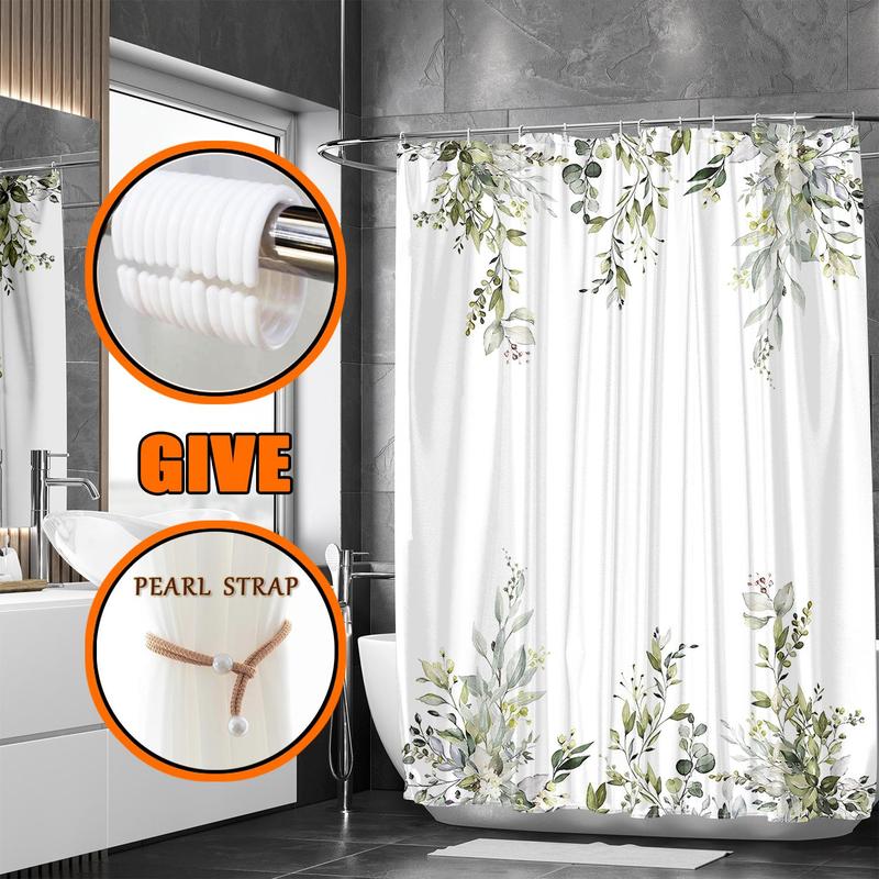 Olive Branch Pattern Bath Curtain, Waterproof Shower Curtain with 12 Hooks & 1 Random Curtain Strap, Bathroom Accessories for Home Decor