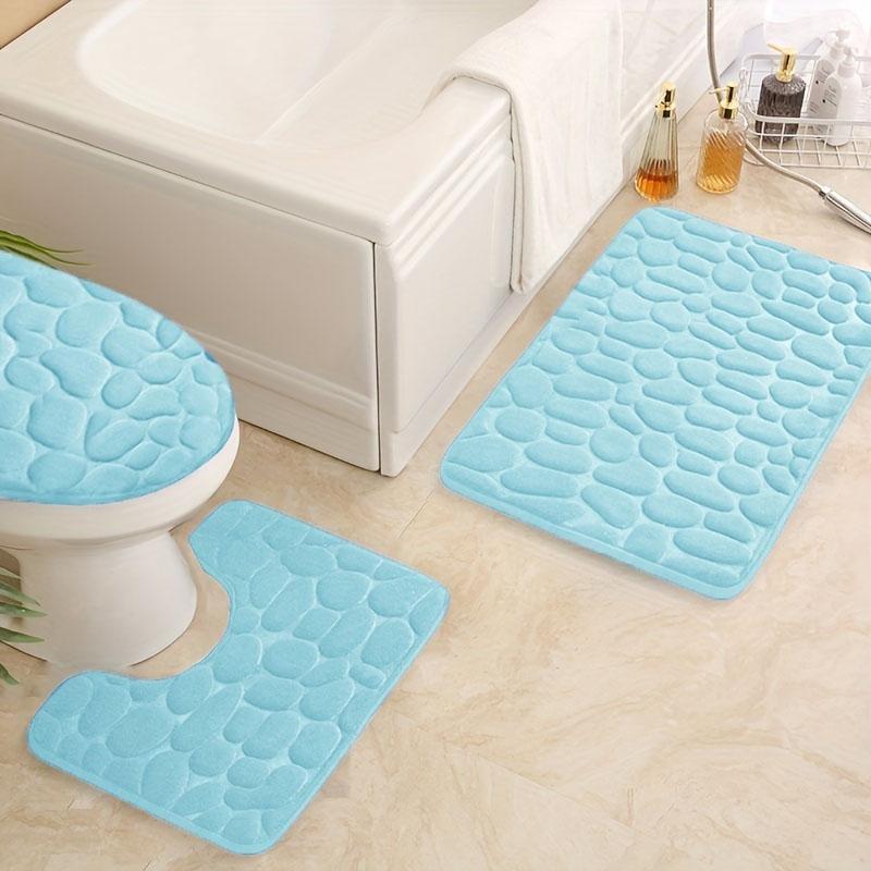 Cobblestone Pattern Bathroom Mat Set, 3pcs Solid Color Non-slip Soft Bathroom Mat Set, Bathroom Mat, U-shaped Toilet Rug, Toilet Lid Cover, Water Absorbent Bathroom Rug, Bathroom Accessories