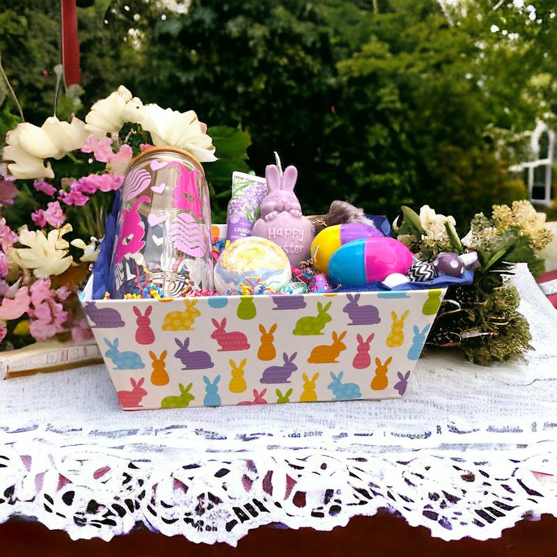 Bunny Bliss Easter Basket Colorful Bunnies and Scented candle