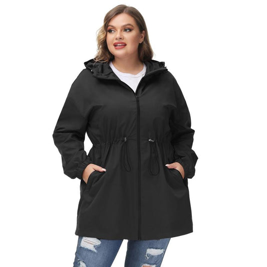 HN Women Plus Size Drawstring Waist Rain Coat Above Knee Hooded Rain Jacket