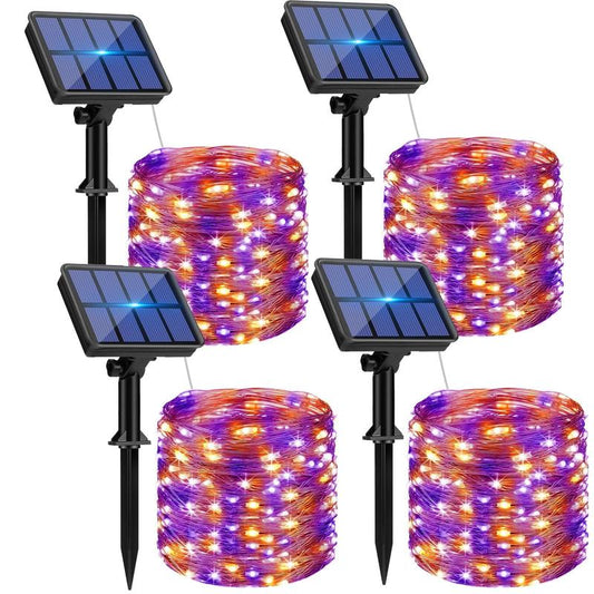 Happy Halloween!! 4 Pack Solar Halloween String Lights Outdoor, 320LED 132FT Orange Purple Solar Fairy Lights Outside Waterproof, 8 Modes Solar Powered Twinkle Lights for Tree Garden Patio Halloween Decorations