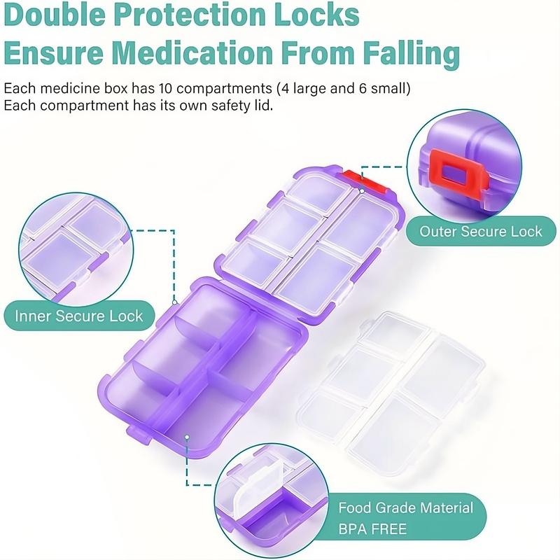 Travel Pill Organizer Box, Portable Pocket Purse Pharmacy, 147 Brand Labels , 10 Compartment Small Pill Case Medicine Kit, Daily Weekly Vitamin Supplement Medication Holder