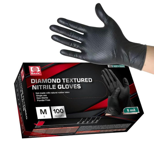 Heavy-duty nitrile industrial disposable gloves with black 8 mil diamond-textured grip for industrial, mechanical and food applications, latex and powder free Cleaning Rubber