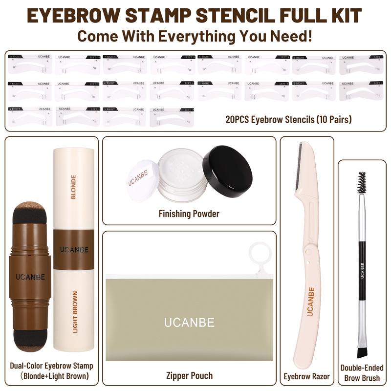 UCANBE 25PCS Eyebrow Stamp Stencil Kit With Dual-Color Eyebrow Stamp Pomade,20 Reusable Eyebrow Stencils,Finising Powder,Brush,Eyebrow Razor,Zipper Pouch,Waterproof Eye Brow Stamping and Shaping Kit