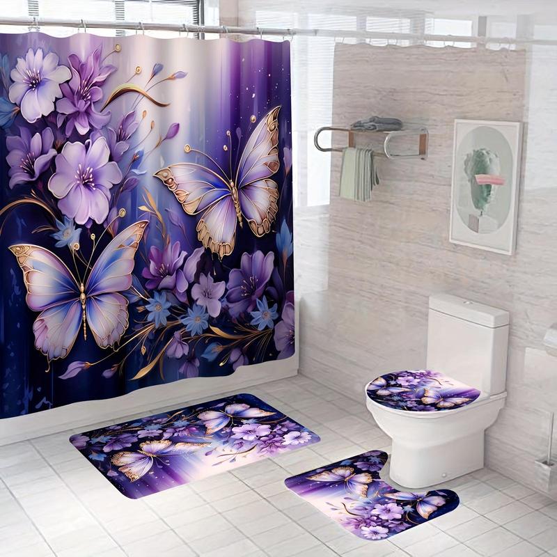 Butterfly & Floral Pattern Bathroom Accessories Set (4 Counts), Waterproof Bath Curtain with Hooks & Toilet U-shaped Mat & Toilet Lid Cover & Bath Mat Set, Bathroom Decor Set, Bathroom Accessories, Bathroom Decor Supplies