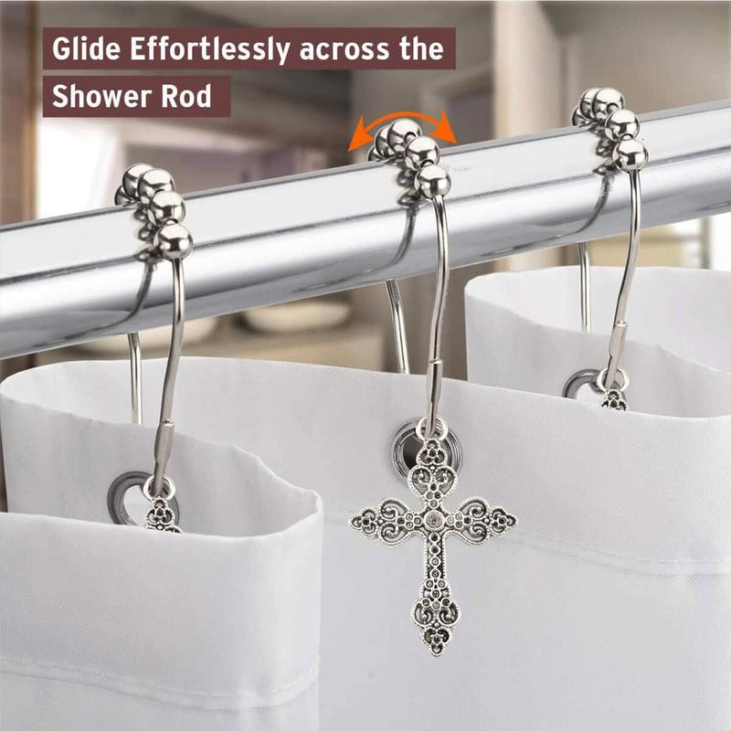 Gothic Cross Pattern Metal Curtain Rod Hook, 12pcs Rolling Shower Curtain Hook, Durable Waterproof Curtain Rod Hook, Bathroom Supplies