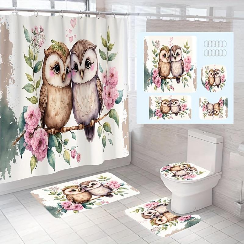 Bathroom Accessories, 4 Counts Cute Couple Owl Pattern Non-slip Bath Mat & U-shaped Commode Contour Rug & Toilet Lid Mat & Shower Curtain with 12 Hooks, Bathroom Decor Set