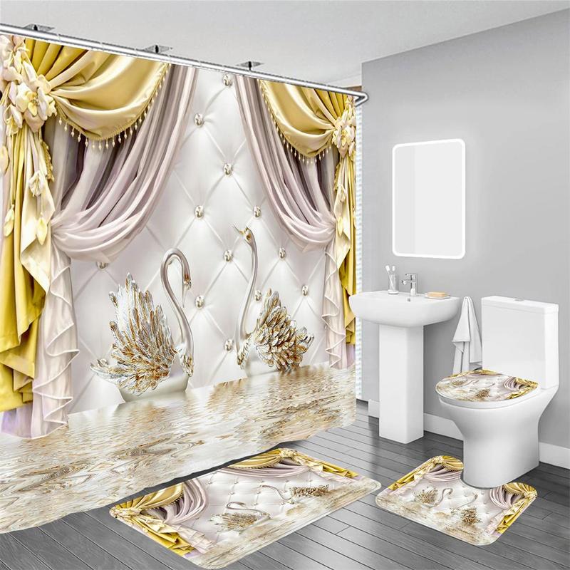 Swan Pattern Curtain Set, 4 Counts/set Including 3 Counts?Mats and 1 Count?Waterproof Shower Curtain with 12pcs Hooks, Bathroom Set