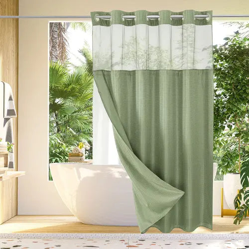 No Hook Waffle Weave Shower Curtain with Snap-in Fabric Liner Set for Bathroom, Hotel Style with Mesh Top Window, Waterproof & Washable, Sage Green, 72x74