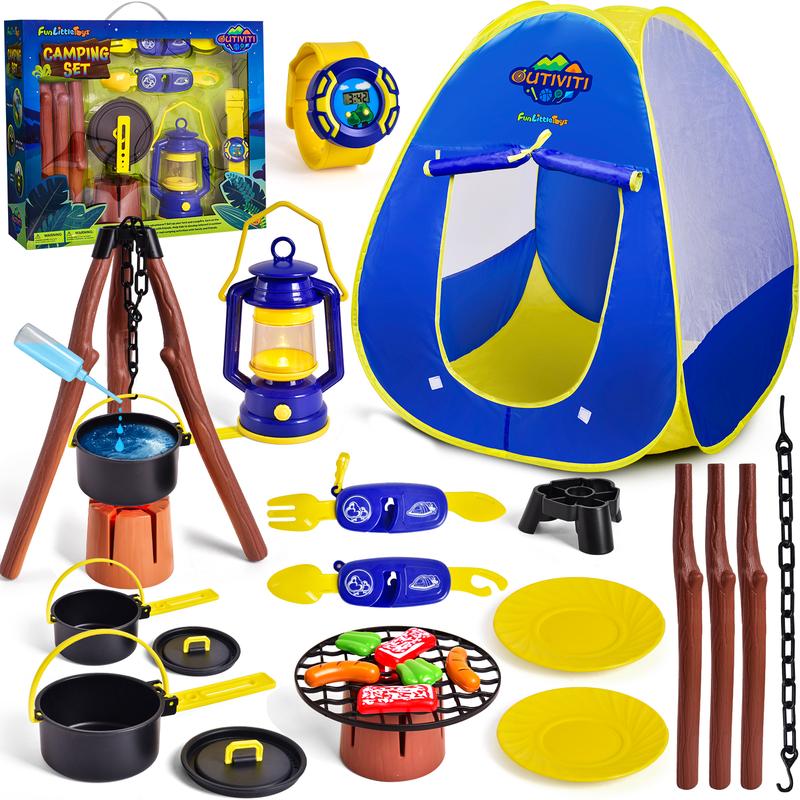 22PCS Camping Play Set with Pop Up Tent & Cooking Accessories for Kids Outdoor Toys Pretend Play Camping Tools Set