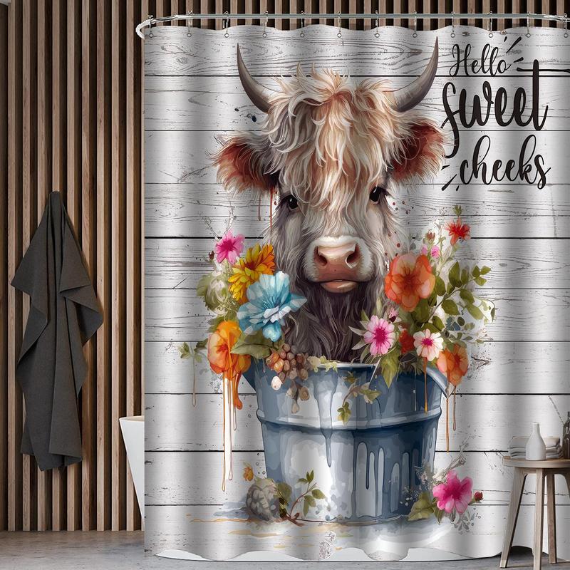 Cow & Flower Pattern Bathroom Set, 4 Counts/set Cute Cow & Flower Pattern Bathroom Curtain & Toilet Lid Mat & Bathroom Rug, Bathroom Accessories Set, Home Decor, Home Accessories, Room Decor Set