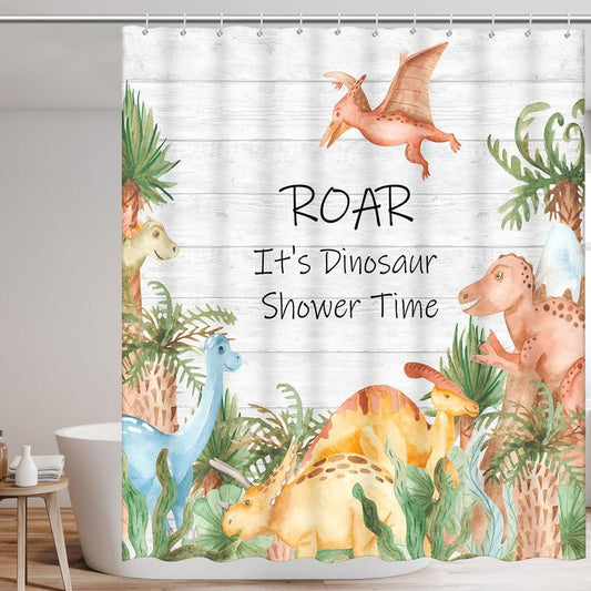 Cartoon Dinosaur & Letter Pattern Shower Curtain, Machine Washable Waterproof Shower Curtain with 12pcs Hooks, Bathroom Decor Accessories, Bathroom Supplies for Home, Hotel