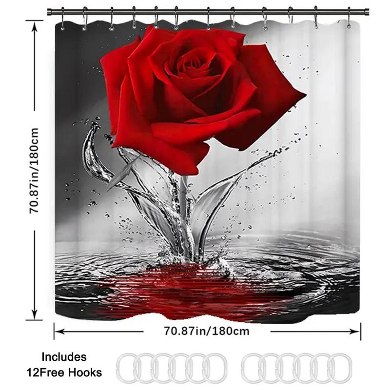 Rose Pattern Shower Curtain, 1 Count Waterproof Shower Curtain With Hook, Bathroom Decoration Supplies