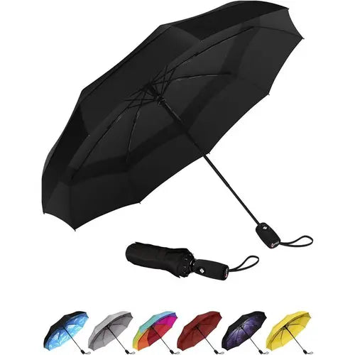 Umbrella Windproof Travel Umbrellas for Rain - Easy Auto Open Close, Durable & Compact Umbrella, Strong Fiberglass Frame, Waterproof Canopy - Backpack, Purse, Portable, Black Umbrella for Travel