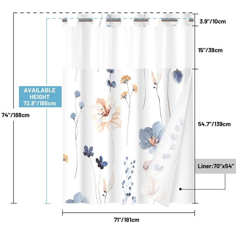 PUNKRAY No Hook Shower Curtain with Snap in Liner -  Fabric Waterproof Inner Liner, Plants Blue Beige Flowers White Cloth Shower Curtains Washable, 71 x 74 Inch / 71 x 86 Inch - Watercolor Floral Shower Curtain