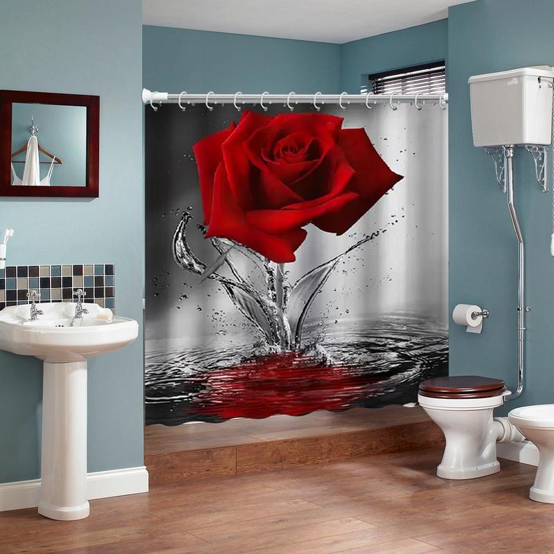 Rose Pattern Shower Curtain, 1 Count Waterproof Shower Curtain With Hook, Bathroom Decoration Supplies