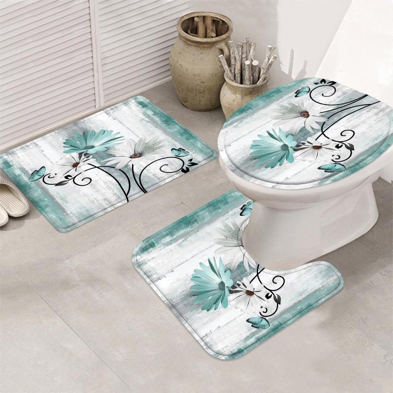 Floral Shower Curtain, Modern Waterproof Bathroom Set With Shower Curtain & Non-slip Mats & Toilet Seat & Hooks, Exquisite Decoration For Bathroom