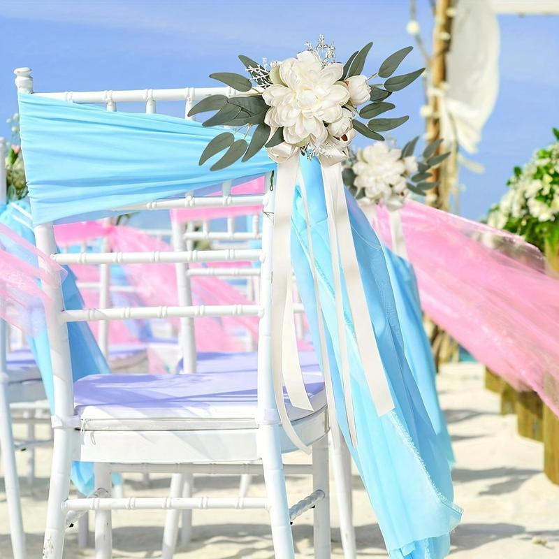 Artificial Flower with Ribbon, 2 Counts Exquisite Romantic Artificial Flower Chair Decorations, Wedding Party Decoration Supplies for Ceremony Anniversary