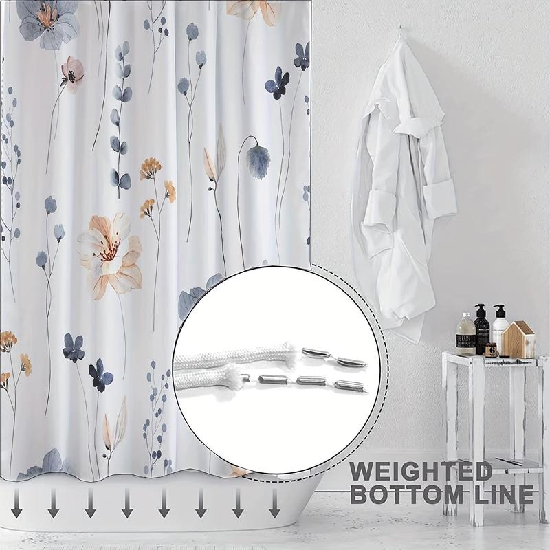 Floral Print Shower Curtain with 12pcs Hooks, Modern Minimalist Waterproof Shower Curtain, Bathroom Supplies