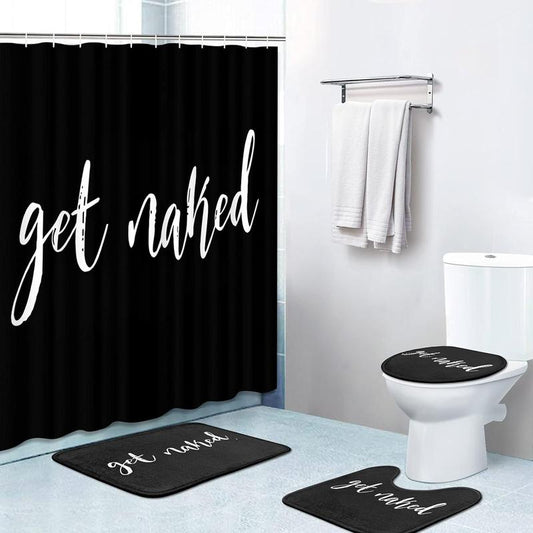 4 Piece Shower Curtain Sets, with 12 Hooks, Get Naked Black with Non-Slip Rugs, Toilet Lid Cover and Bath Mat for Bathroom Decor Set, 72" x 72" Gift