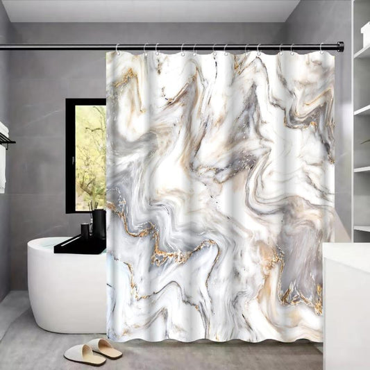 1 Count Marble Pattern Shower Curtain & 12pcs Hook Without Rod, Waterproof Mildew Proof Durable Bathroom Curtain, Decorative Curtain For Home