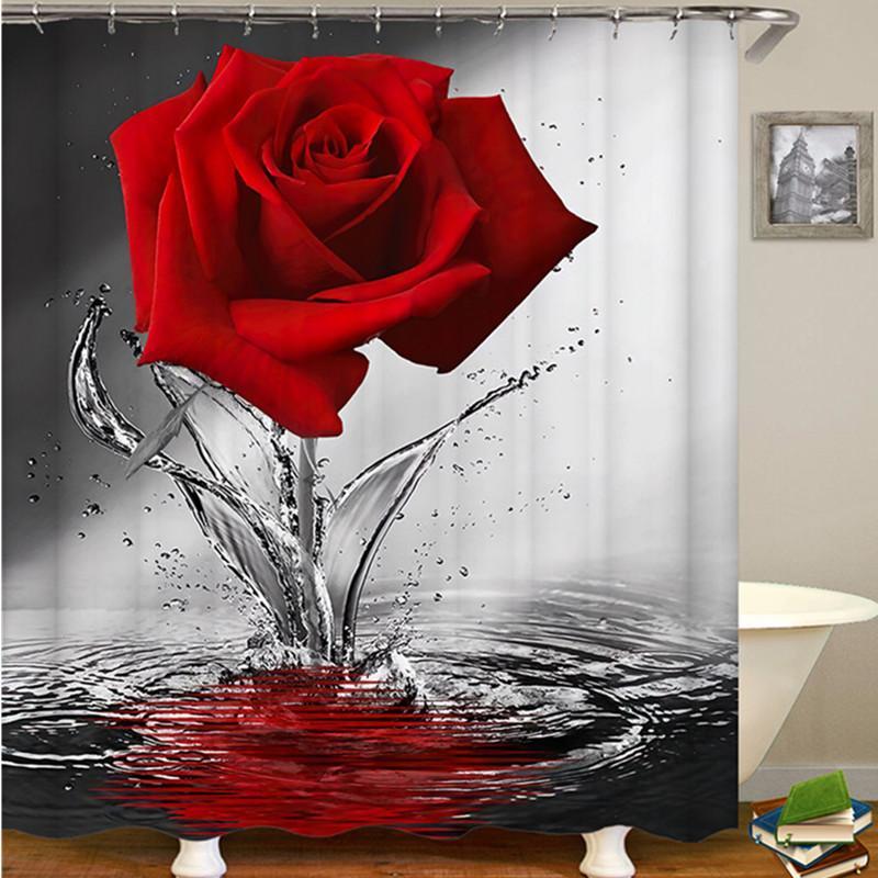 Rose Pattern Shower Curtain, 1 Count Waterproof Shower Curtain With Hook, Bathroom Decoration Supplies