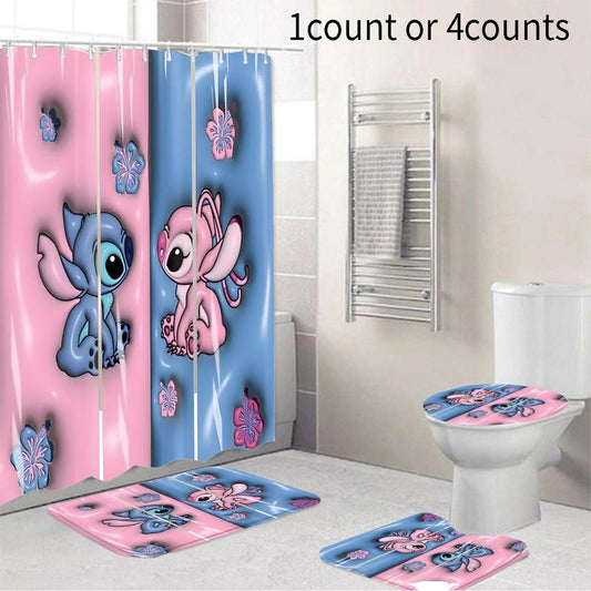 Cartoon Stitch Pattern Bathroom Curtain with 12 Hooks, Anti-slip Bathroom Carpet, U-shaped Toilet Mat, Toilet Cover Mat, Bathroom Decor, Bathroom Supplies, Trending Home Decor 2024