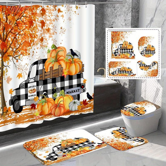 Pumpkin, Truck & Maple Pattern Shower Curtain & Bath Mat Set, Waterproof Shower Curtain with 12 Hooks,?Halloween Decorations, Bathroom Accessories, Bathroom Decor Supplies