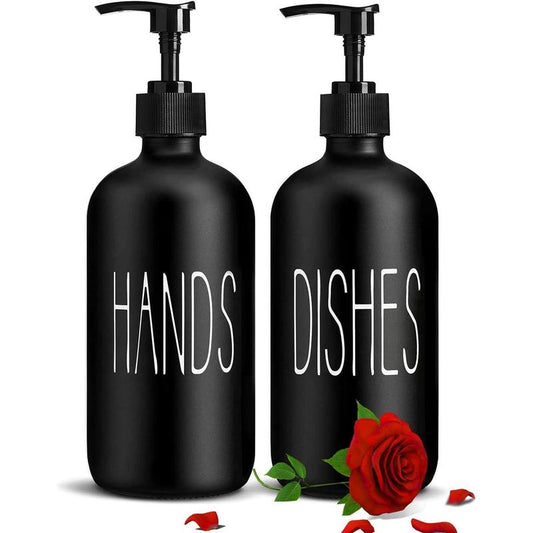 Glass Soap Dispenser Set 2 Pack,Contains Hand and Dish Soap Dispenser.Premium Kitchen Soap Dispenser Set for Kitchen Sink and Farmhouse Decor .16 Oz Black Soap Dispenser with Pumps -Black