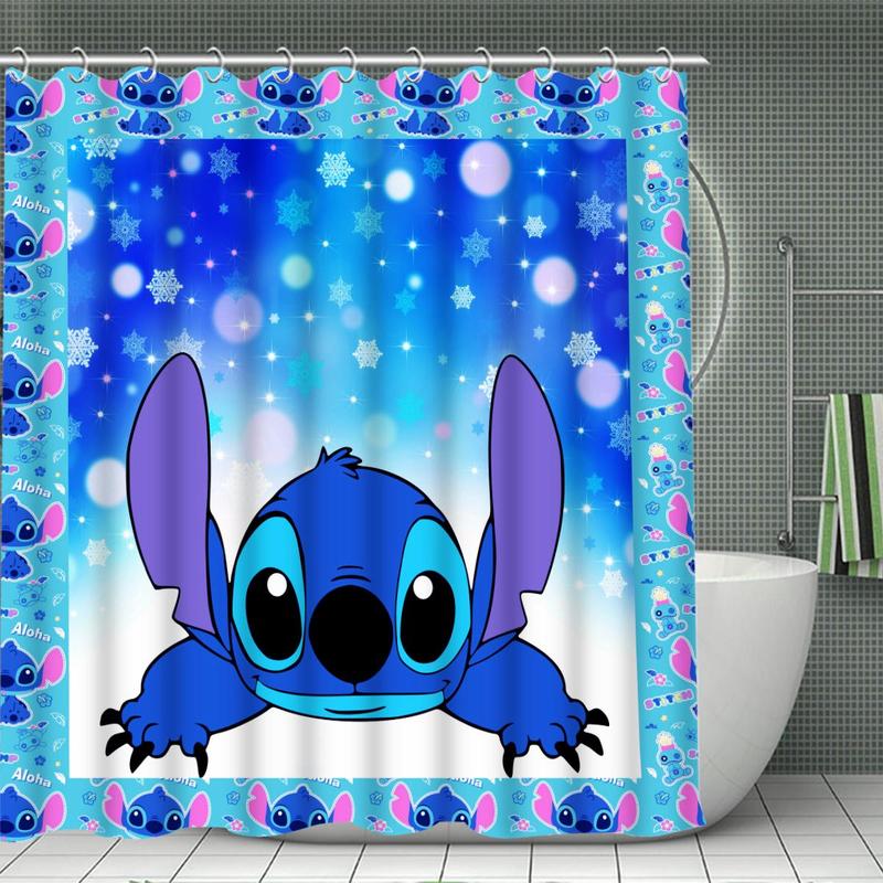 Cartoon Stitch Pattern Bathroom Curtain with 12 Hooks, 1 Count Waterproof Shower Curtain or 4 Counts/set Curtain & Mat Set, Home Decor Supplies