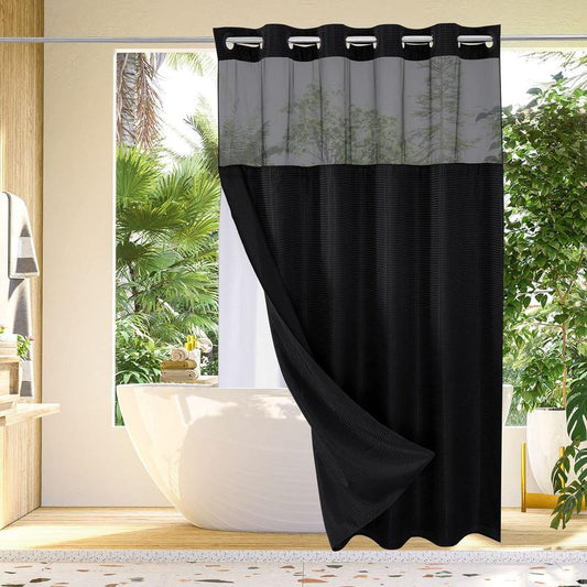 No Hook Weave Shower Curtain with Snap-in Fabric Liner Set for Bathroom, Hotel Style with Mesh Top Window, Waterproof & Washable, Black, 72x74