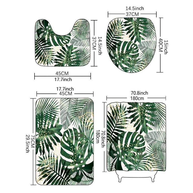 Bathroom Decor Accessories, Tropical Leaf Print Shower Curtain, Boho Style Waterproof Shower Curtain with Hooks, Household Bath Curtain for Home Bathroom