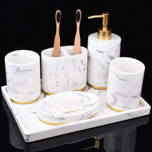 5pcs Marble Pattern Bathroom Set, Including 1 Soap Dispenser, 1 Toothbrush Holder, 1 Soap Bar Dish, 2 Mouthwash Cups, Bathroom Supplies for Home Hotel