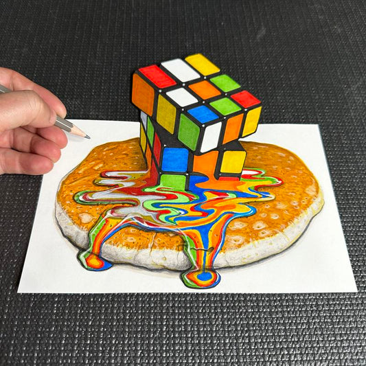 Melting Rubik's Drawing Illusion - Original Mixed Media 8x8 - Anamorphic 3D Artwork