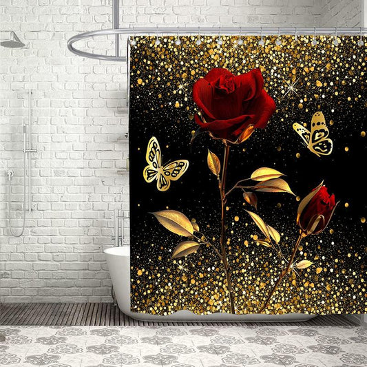 Rose & Butterfly Pattern Glitter Shower Curtain, Waterproof Shower Curtain with 12pcs Hooks, Bathroom Supplies for Home Decor