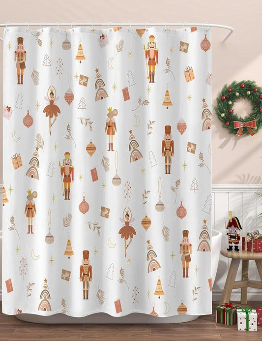 SUMGAR Christmas Shower Curtain Nutcracker Orange Boho Holiday Shower Curtains for Bathroom, Cute Merry Christmas Tree Ornaments Fabric Cloth Bathroom Decor Set with 12 Hooks,72" x 72" Metal Accessory Decorative