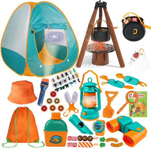 Qtioucp Kids Camping Set 50pcs with Tent & Space Projector ,Pretend Play Camp Gear Tools for Birthday Christmas