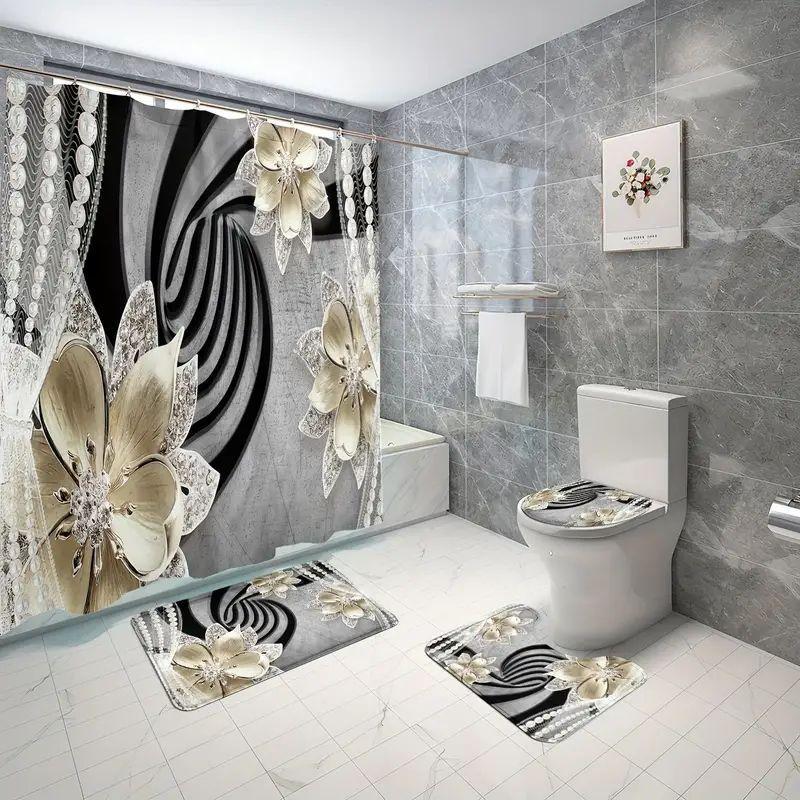 Floral Bead String Pattern Bathroom Decor Set, 4 Counts/set Including Shower Curtain & Bath Mat & Toilet Mat & Toilet Lid Cover, Bathroom Accessories