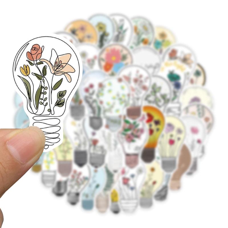 Cartoon Flower & Lamp Bulb Pattern Decorative Sticker?For Creative DIY, 50pcs?Scrapbooking & Journal Making Material Paper, DIY Decorative Sticker Sets