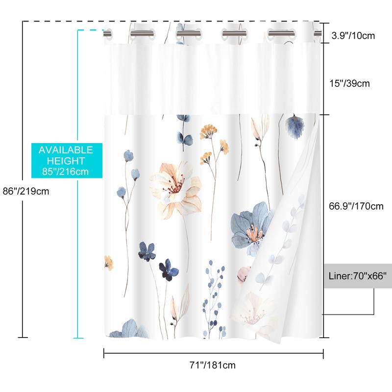 WITHLOC No Hook Shower Curtain with Snap in Liner - Watercolor Floral Shower Curtain - Fabric Waterproof Inner Liner, Plants Flowers White Cloth Shower Curtains Washable, 71 x 74 Inch/71 x 86 Inch