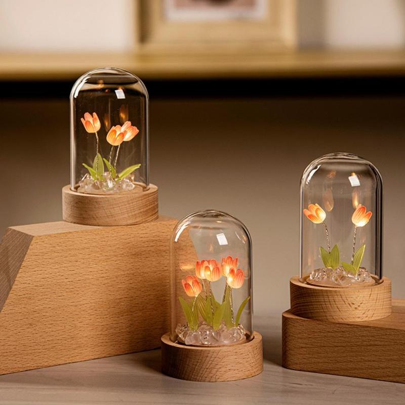 DIY Tulip Night Light, LED Decorative Light, DIY Artificial Flower In Glass Dome Table Lamp, Birthday Gift for Mom Lady Her Girlfriend Wife Sister Girl?(Battery Required, Battery Not Included)