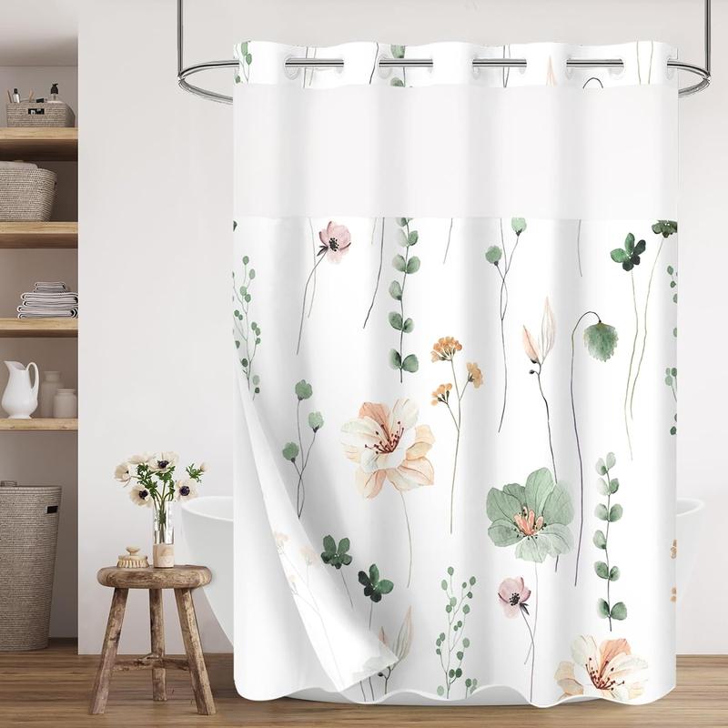 Floral Print Shower Curtain, Flower Pattern Waterproof Shower Curtain with Hooks, Summer Farmhouse Bathroom Accessories, Bathroom Supplies for Home Use