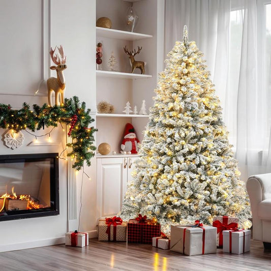 [Labor Day]YITAHOME 6/75/9 Ft Prelit Snow Flocked Artificial Full Christmas Tree, Christmas Pine Tree with 8 Light-Modes, 800 Branch Tips, and Foldable Base for Home, Party Decoration