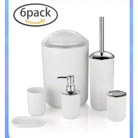 Minimalist White Bathroom Accessories Set 6pcs, Trash Can, Toothbrush Holder, Toothbrush Cup, Soap Dispenser, Soap Dish, Toilet Brush Holder Durable